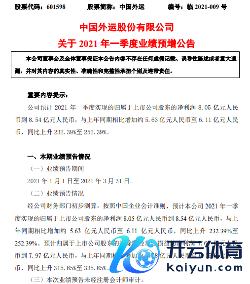 中外洋运2021年第一季度展望净利高潮232.39%-252% 投资收益增长